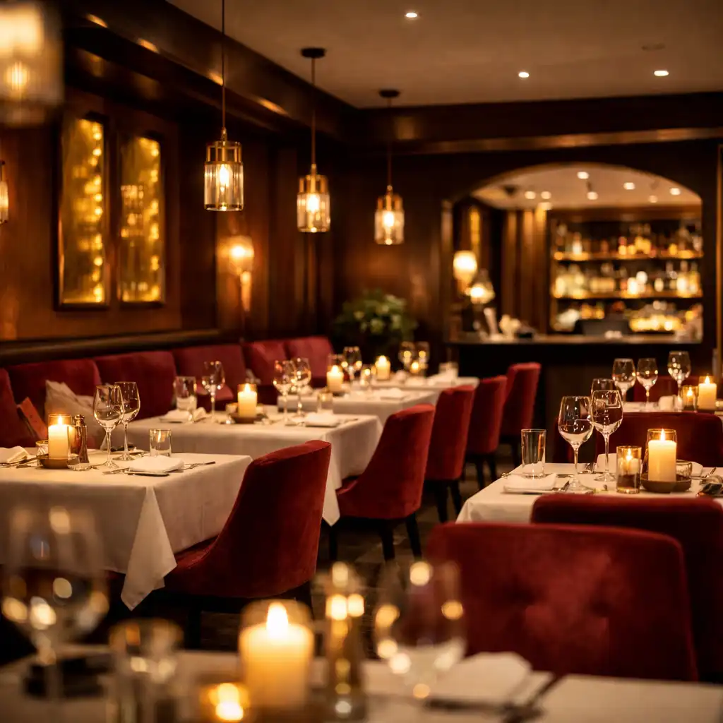 Stimmungsvoller Restaurantbereich des Feier Lumex mit warmem Licht und elegant gedeckten Tischen