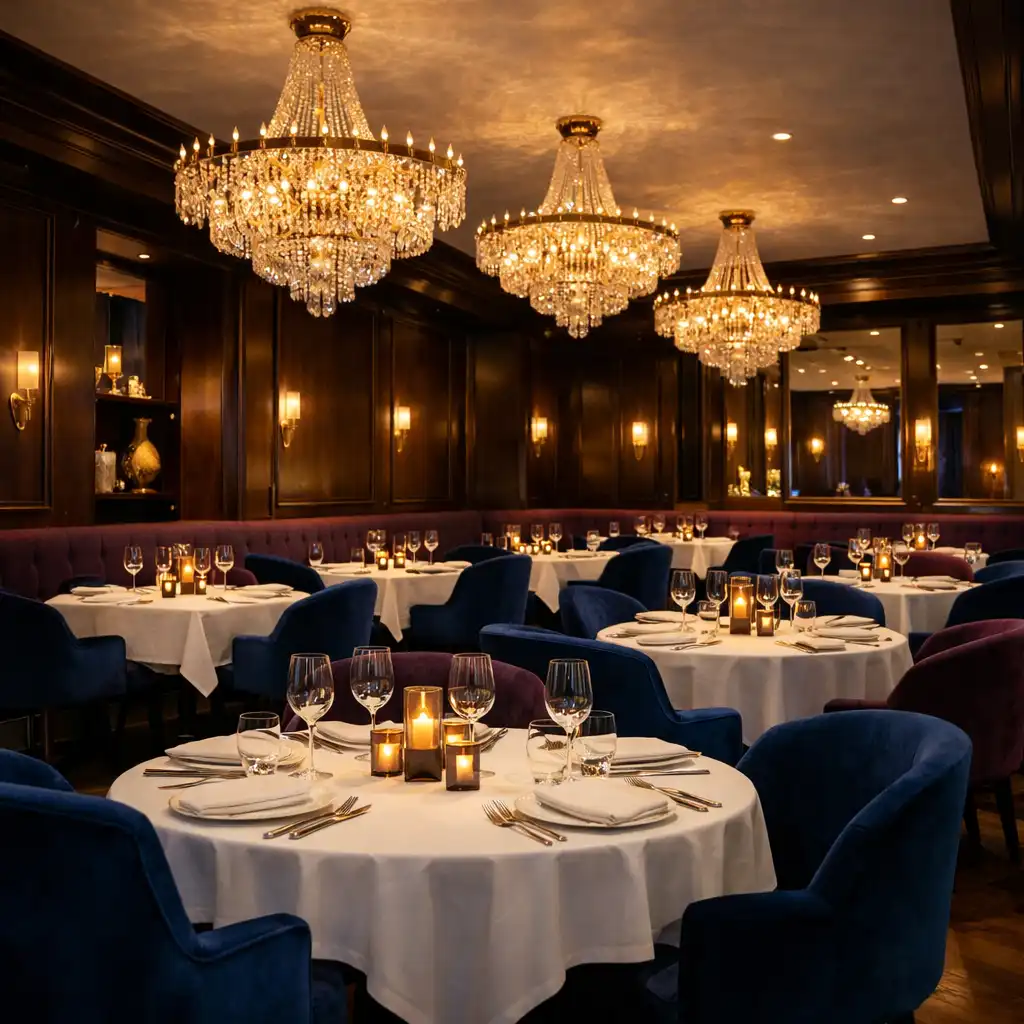 Weitwinkelaufnahme des eleganten Restaurantbereichs mit Kronleuchtern