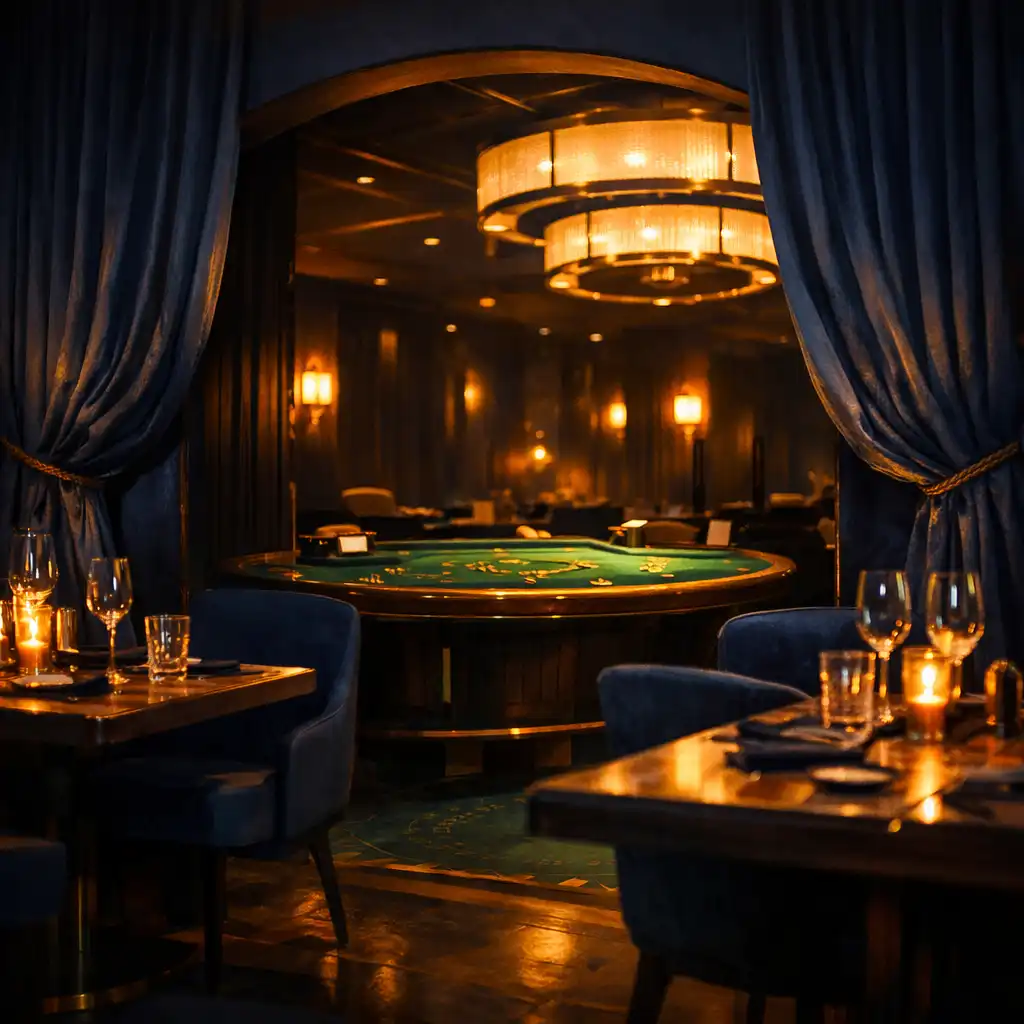 Übergangsbereich zwischen Restaurant und Casino Lounge mit grünem Filztisch