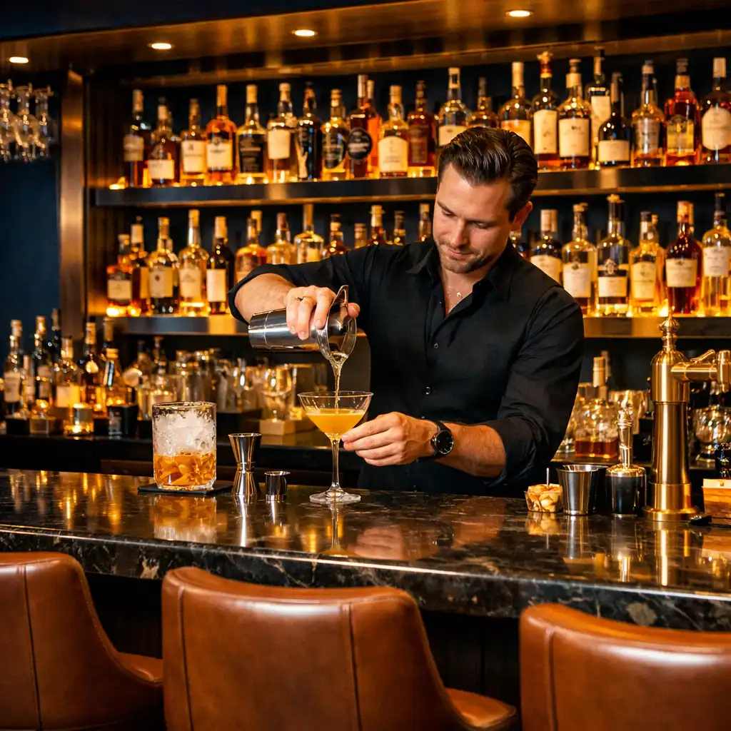 Barkeeper mixt einen Cocktail an der eleganten Bar des Feier Lumex mit beleuchteten Flaschenregalen