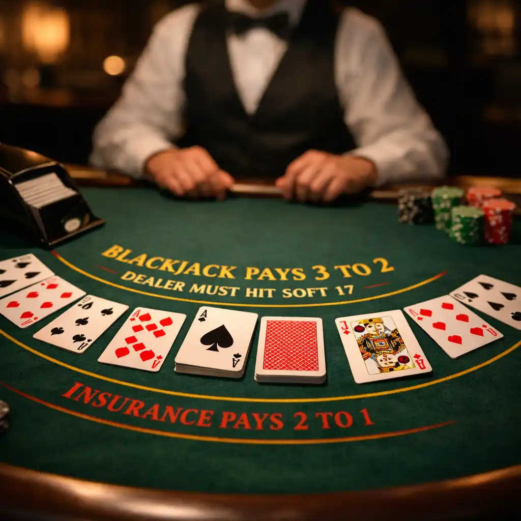 Blackjack-Tisch mit ausgelegten Karten und Kartenschuh in ruhiger, eleganter Atmosphäre