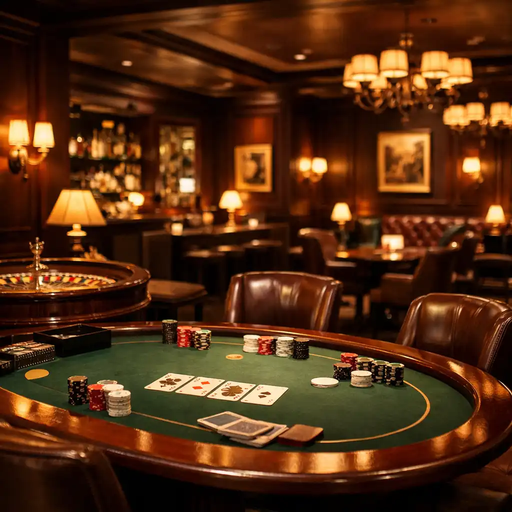 Elegante Casino Lounge mit Pokertisch und gedämpftem Licht