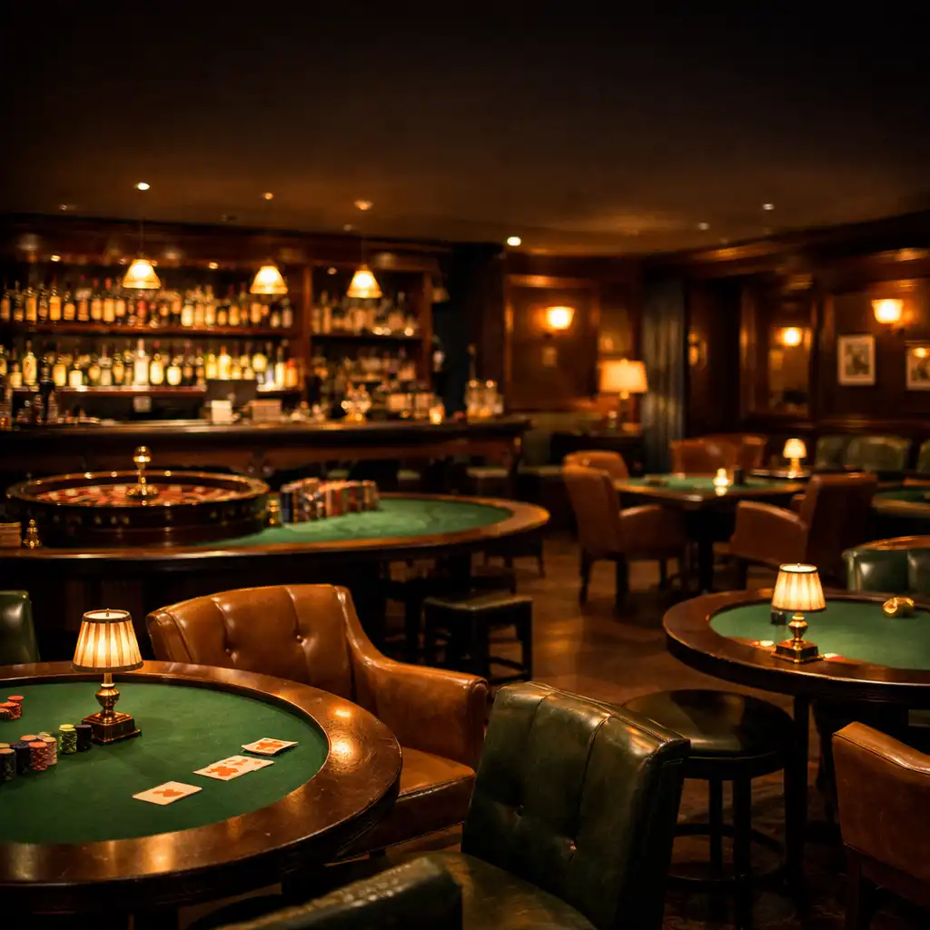Atmosphärische Casino Lounge im Feier Lumex mit warm beleuchteten Spieltischen und eleganter Bar