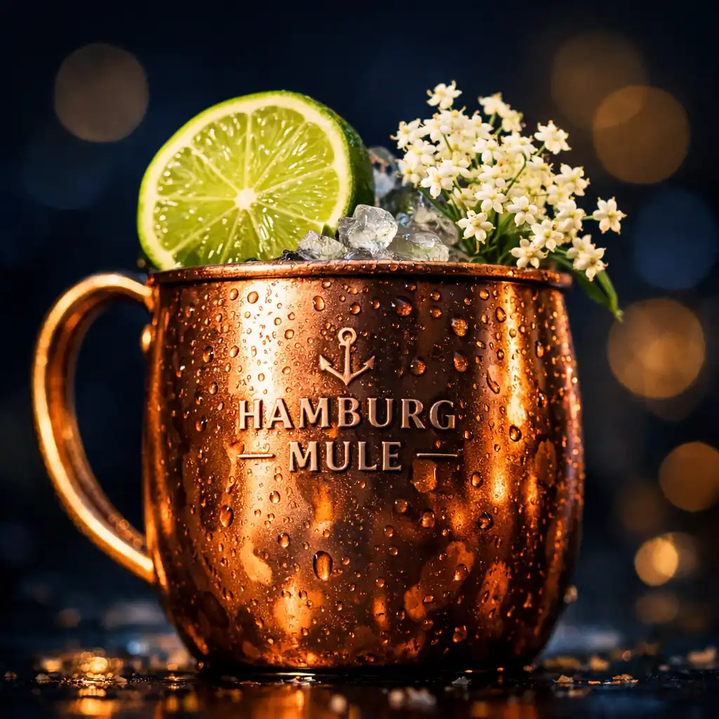 Cocktail Hamburg Mule im Kupferbecher mit Limette und Holunderblüte