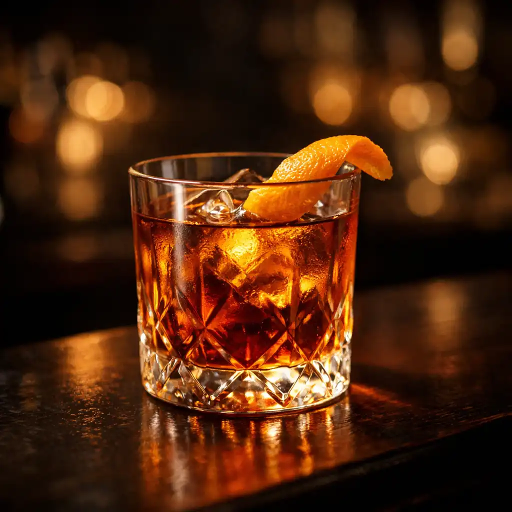 Eleganter Signatur-Cocktail in einem Kristallglas mit Orangenzeste auf dunklem Bartresen