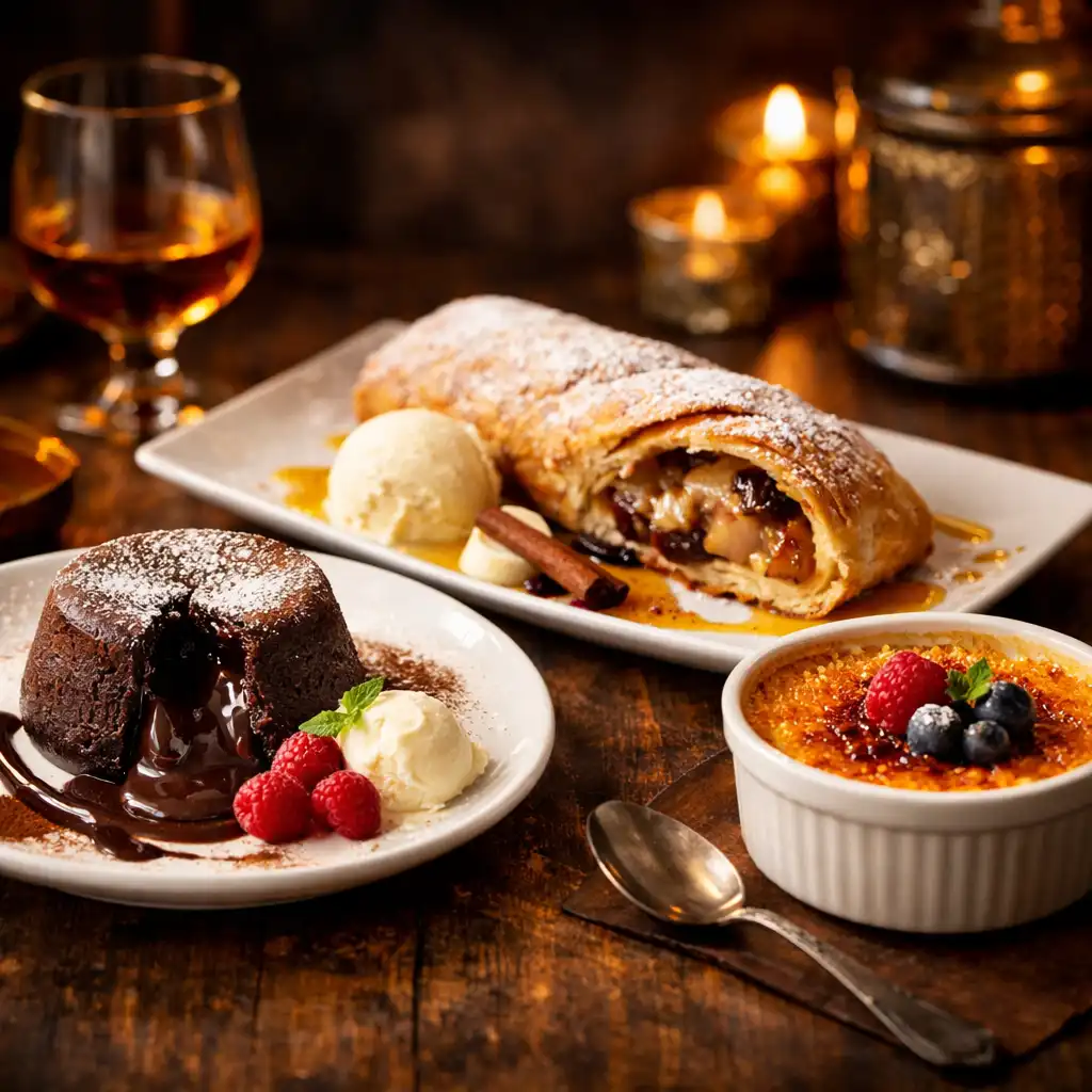 Auswahl an Desserts: Schokoladenfondant, Apfelstrudel und Crème brûlée