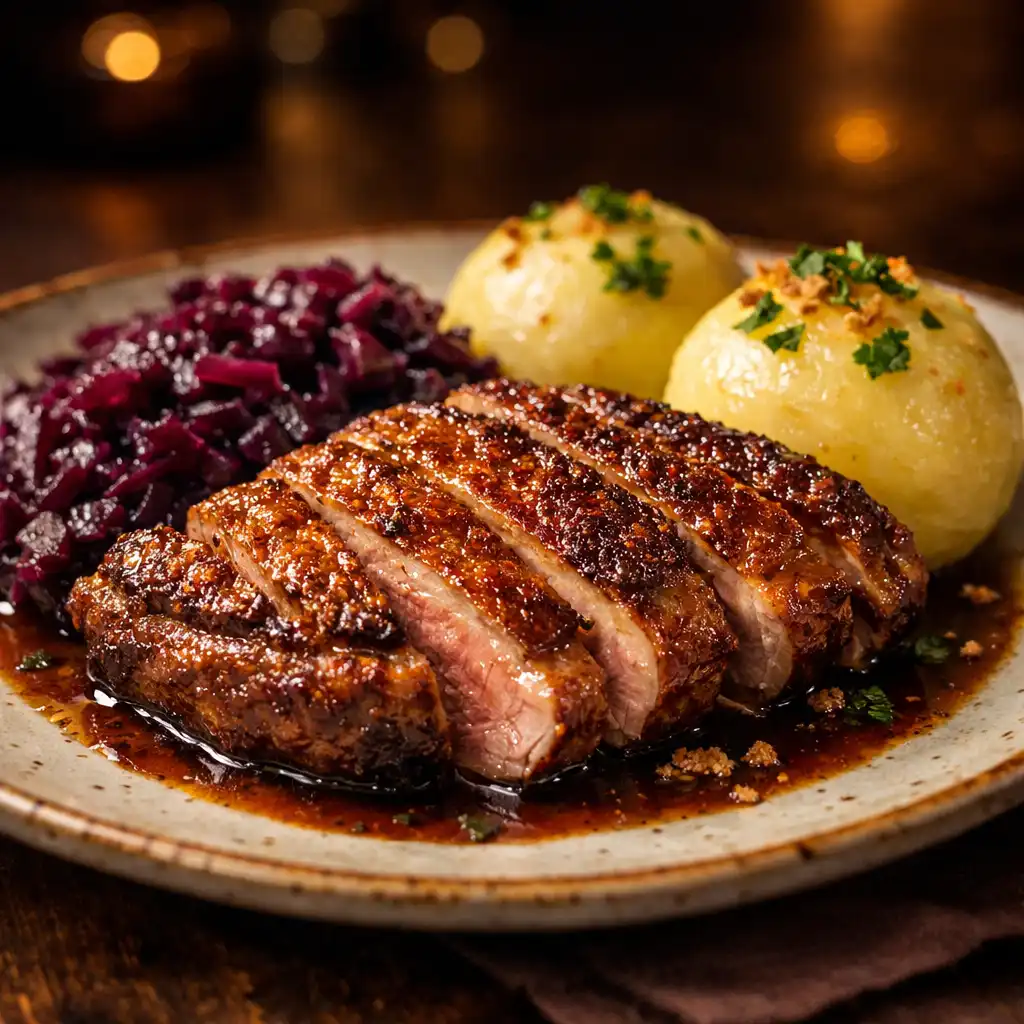 Gebratene Entenbrust mit Rotkraut und Kartoffelklößen