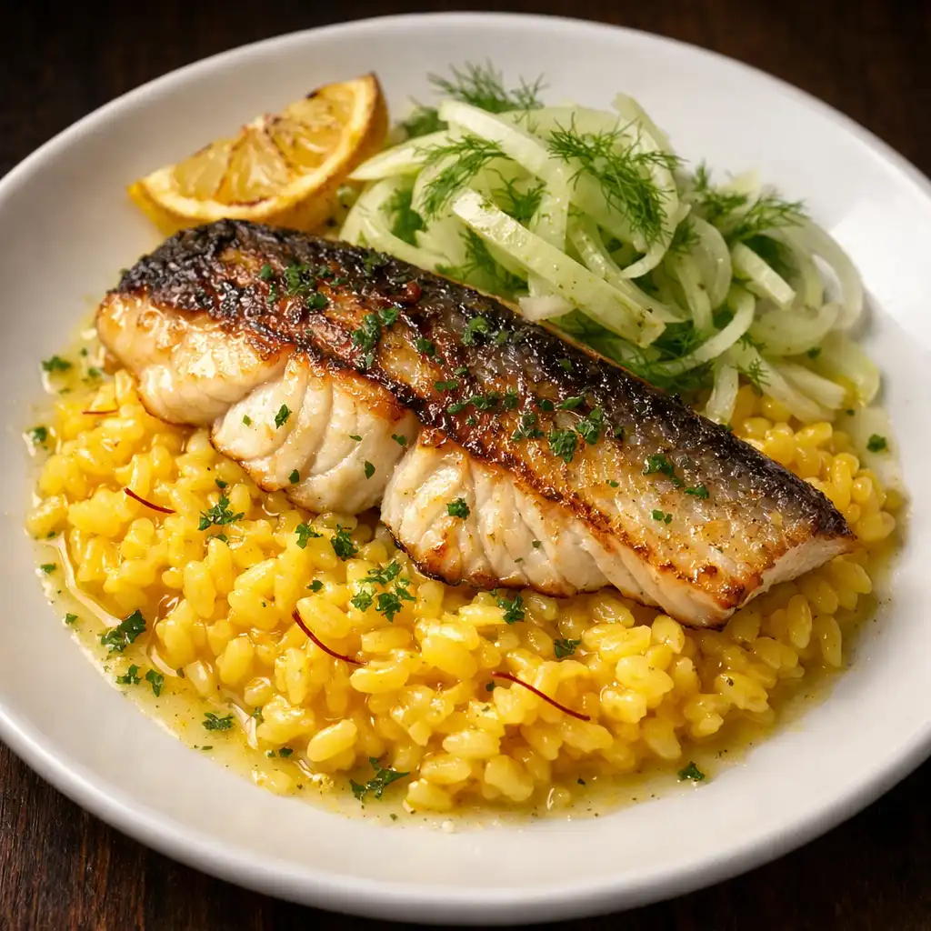 Gegrillter Loup de Mer mit Zitronenbutter, Fenchel und Safranrisotto