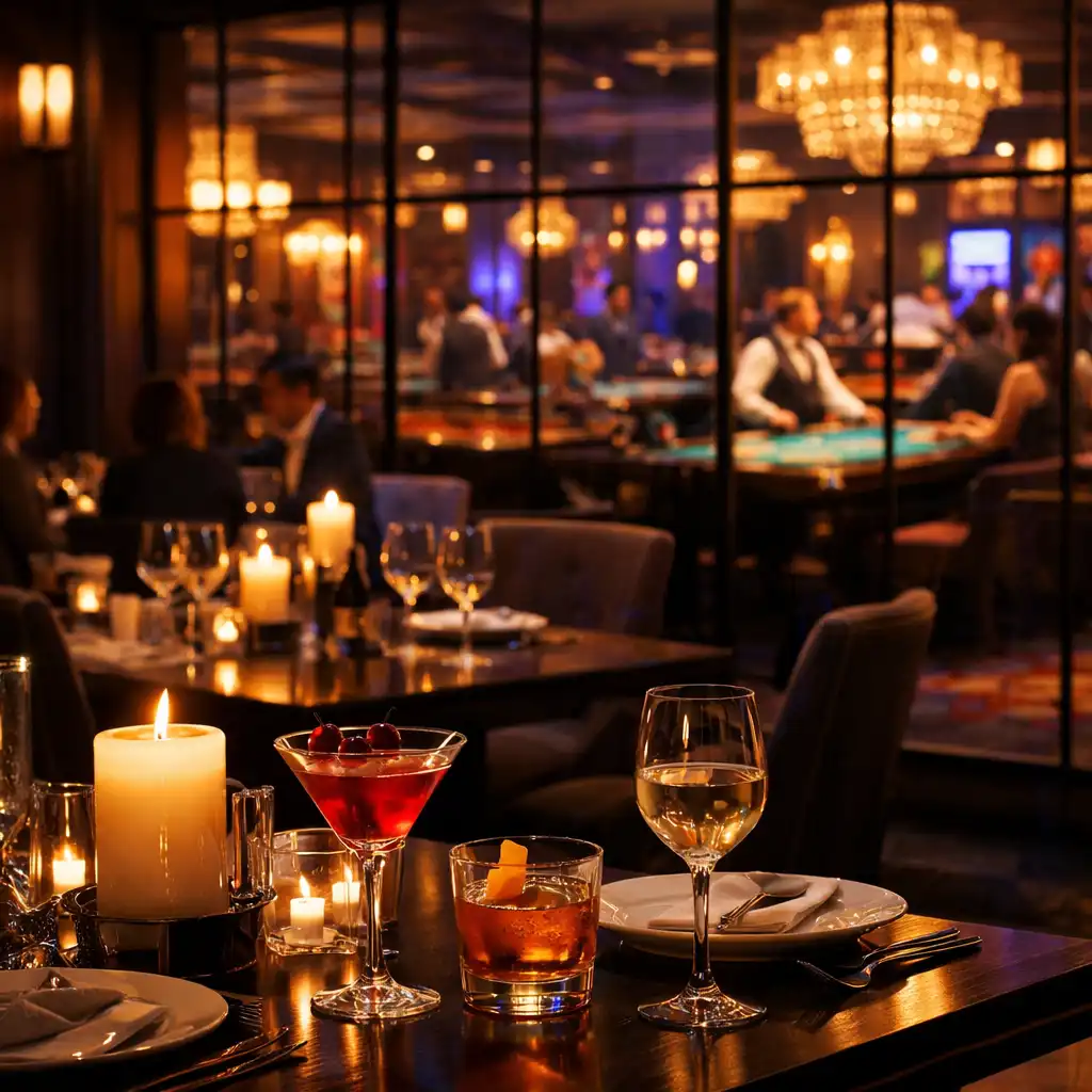 Eleganter Restaurantbereich im Abendlicht mit Blick auf die Casino Lounge durch eine Glaswand