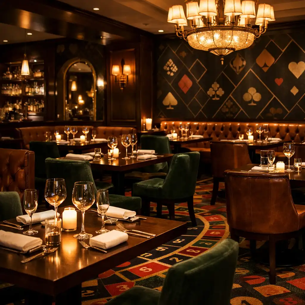 Stilvolles Restaurantinterieur mit dunklen Holztischen, Polstern und warmem Kerzenlicht