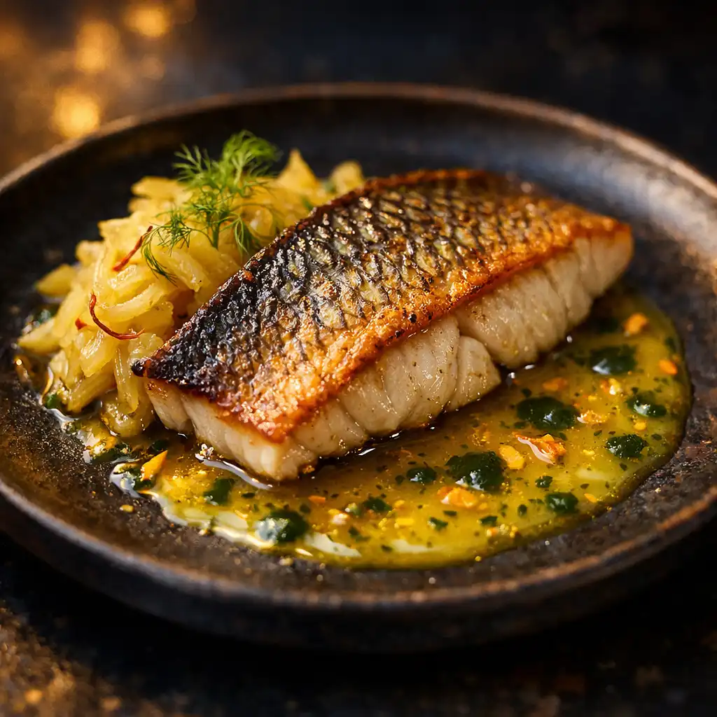Gebratener Loup de Mer mit Safran-Fenchel und Zitrusöl