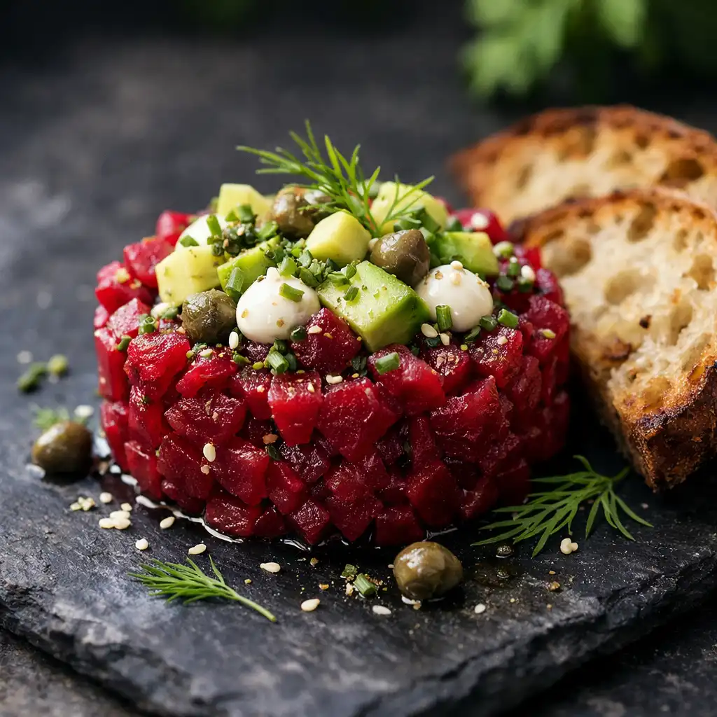 Vegetarisches Tatar von Roter Bete mit Avocado und Kapern