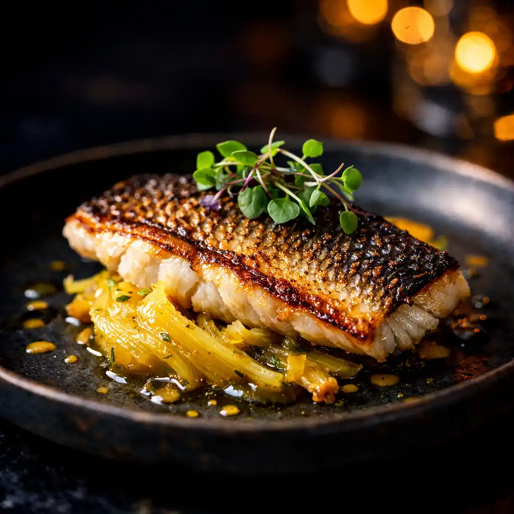 Exquisit angerichtetes Gericht mit gebratenem Loup de Mer und Safran-Fenchel