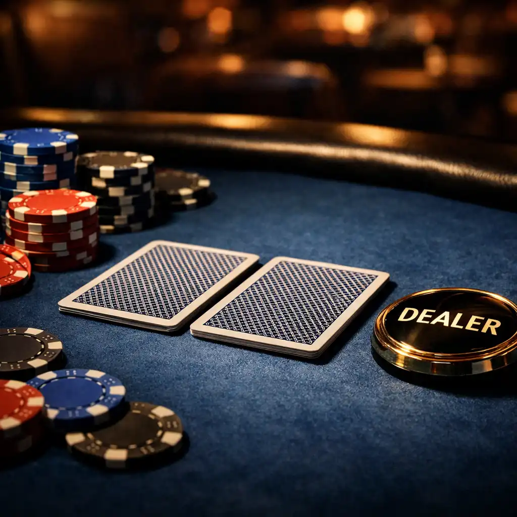 Pokertisch mit verdeckten Karten, Chips und Dealer-Button in warmem Licht