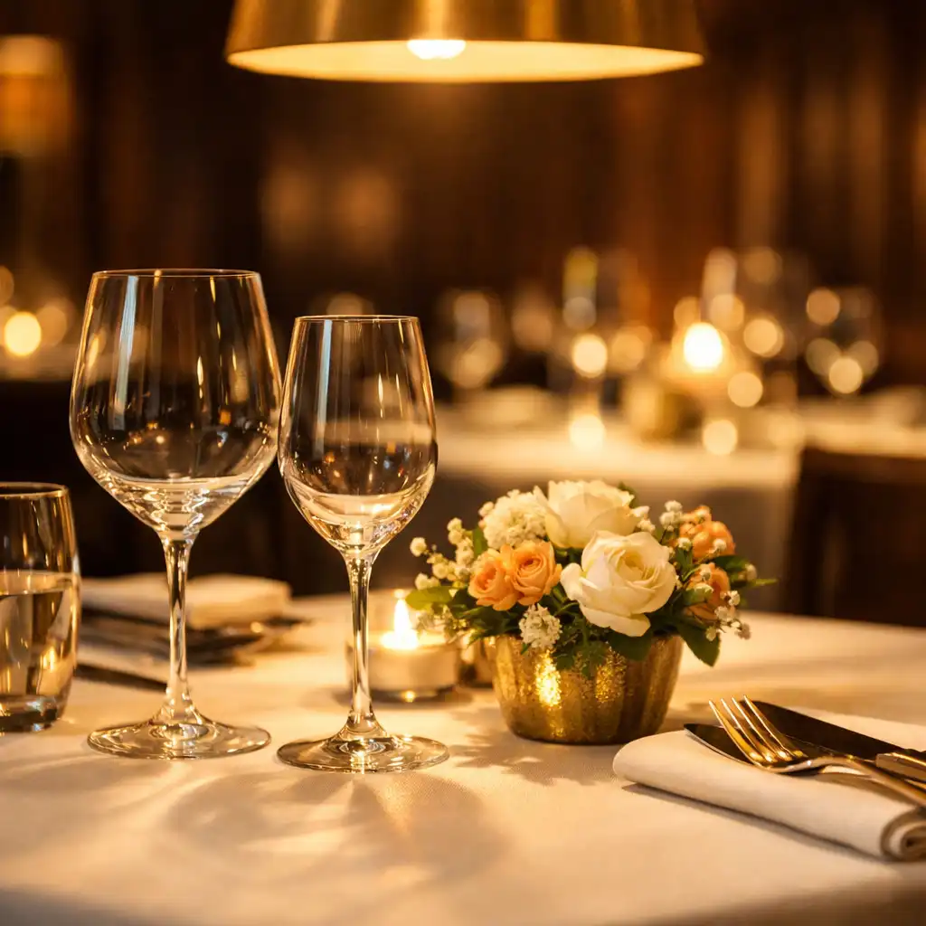 Elegant gedeckter Tisch im Restaurant Feier Lumex mit warmem Licht und edlen Details