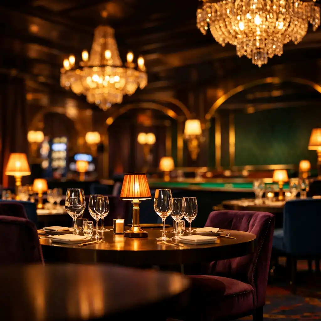 Elegantes Restaurantinterieur bei Abendstimmung mit warmem Licht und gedeckten Tischen