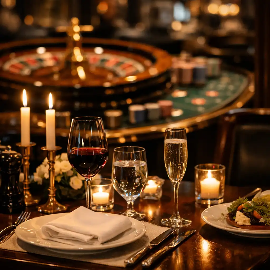 Gedeckter Tisch im Feier Lumex mit Blick auf einen Roulette-Tisch im Hintergrund