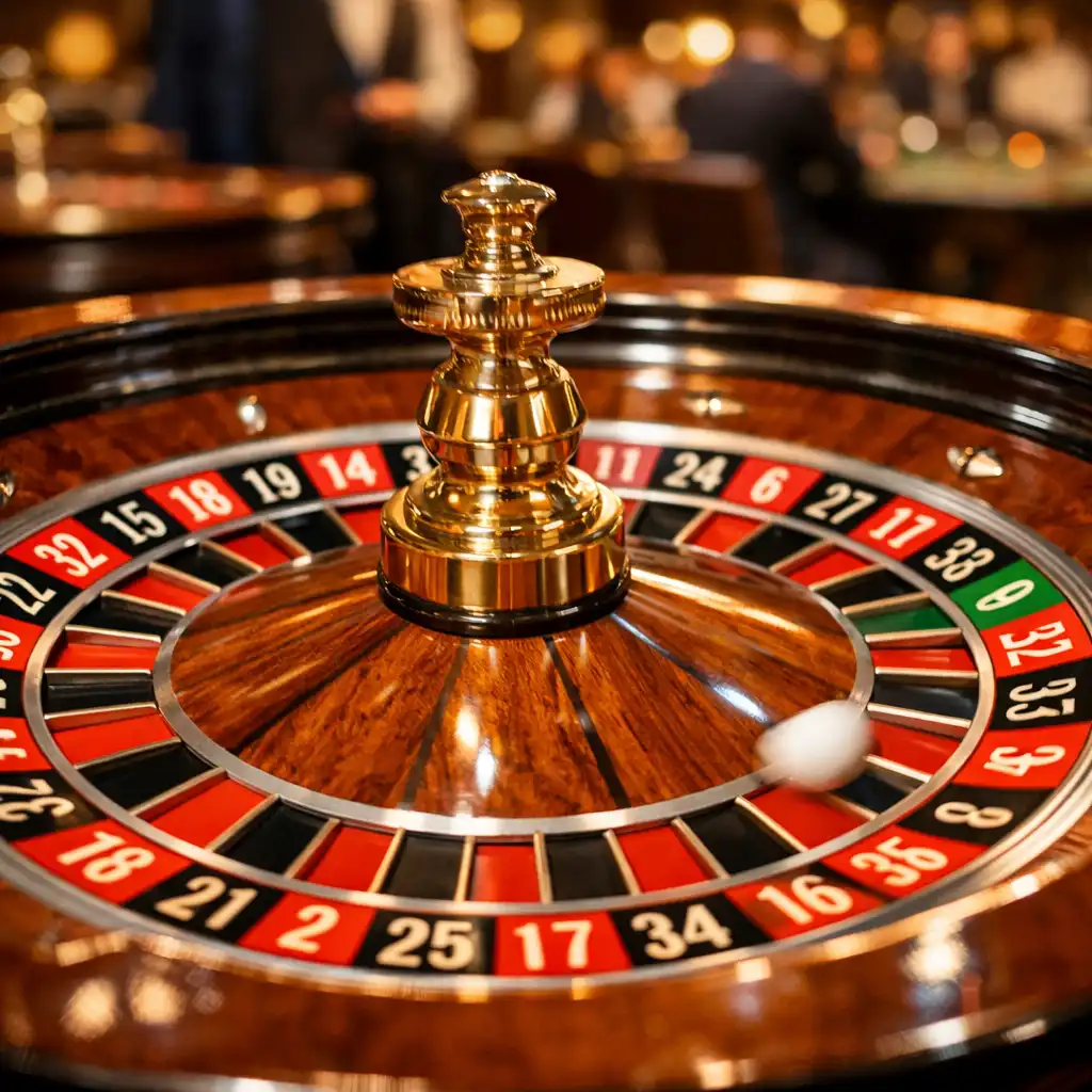Roulette-Tisch mit sich drehendem Rad und weißer Kugel in eleganter Lounge